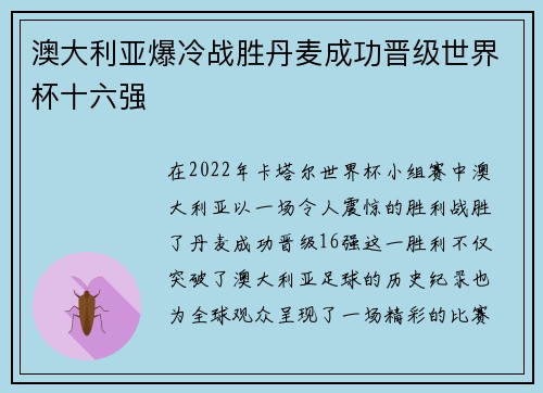 澳大利亚爆冷战胜丹麦成功晋级世界杯十六强 澳大利亚爆冷战胜丹麦成功晋级世界杯十六强